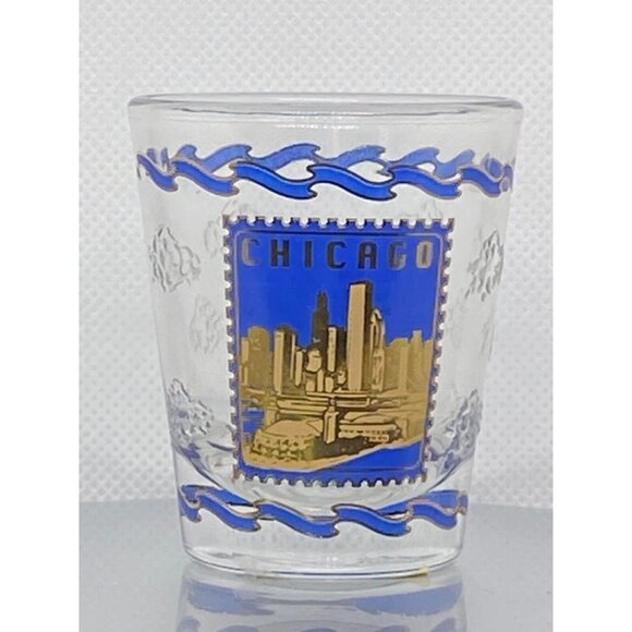 Vintage Chicago Blue And Gold Shot Glass w/ embossed raised pattern clouds - Picture 1 of 7
